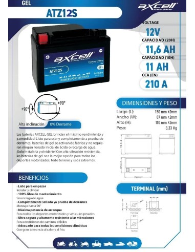 Batería moto Axcell GEL ATZ12S