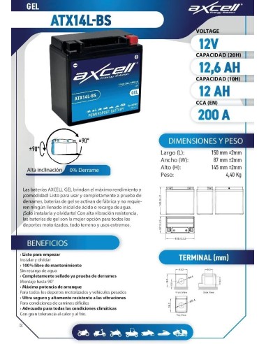 Batería moto Axcell GEL ATX14L-BS