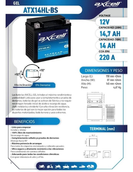 Batería moto Axcell GEL ATX14HL-BS