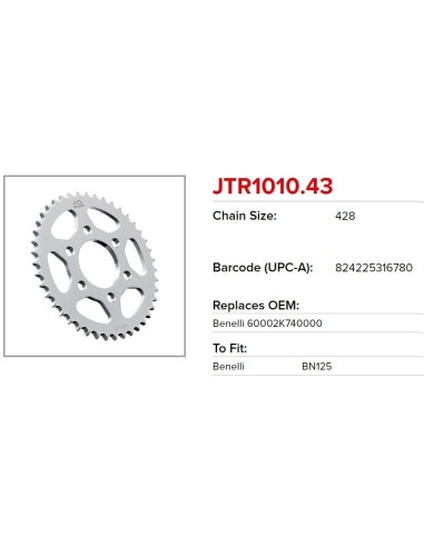 corona moto jt sprockets de acero de 43 dientes jtr1010 43