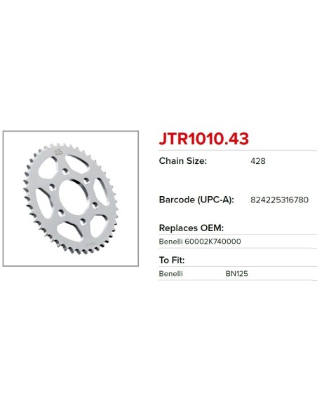corona moto jt sprockets de acero de 43 dientes jtr1010 43