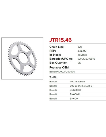 corona moto jt sprockets de acero de 46 dientes jtr15 46