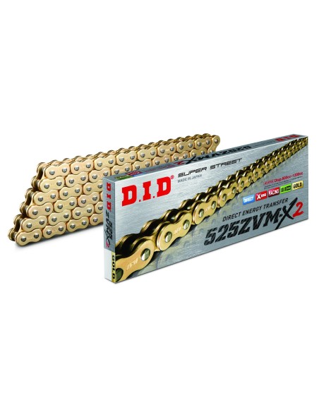 cadena did 525 zvm x2 con 120 pasos color oro y remache 28841209z