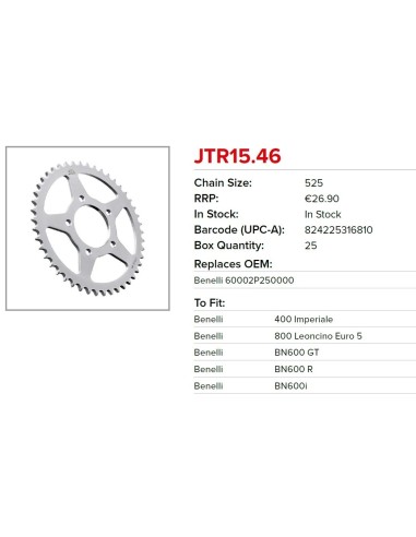 Kit de transmisión Benelli Leoncino 800 JT Sprockets 16/46 con cadena Regina ZRA 525 112 pasos