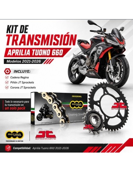 Kit de transmisión Aprilia Tuono 660 2021-2026 JT Sprockets 17/43 con cadena Regina