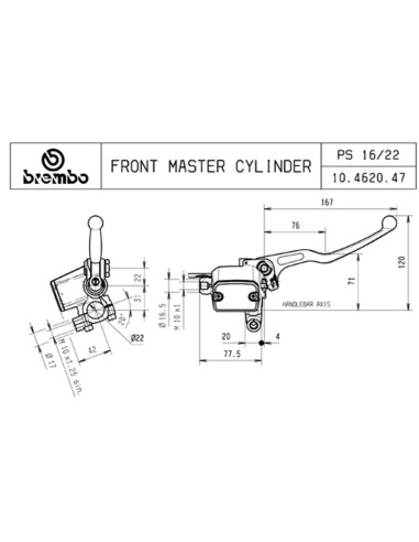 bomba de freno delantero brembo axial ps 16 con deposito 10462047