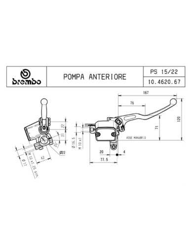 bomba de freno delantero brembo ps 13 10462095 con deposito y maneta fija para moto